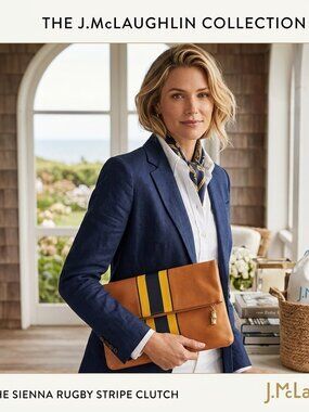 J. McLaughlin Sienna fold over leather natural yellow navy stripe clutch bag